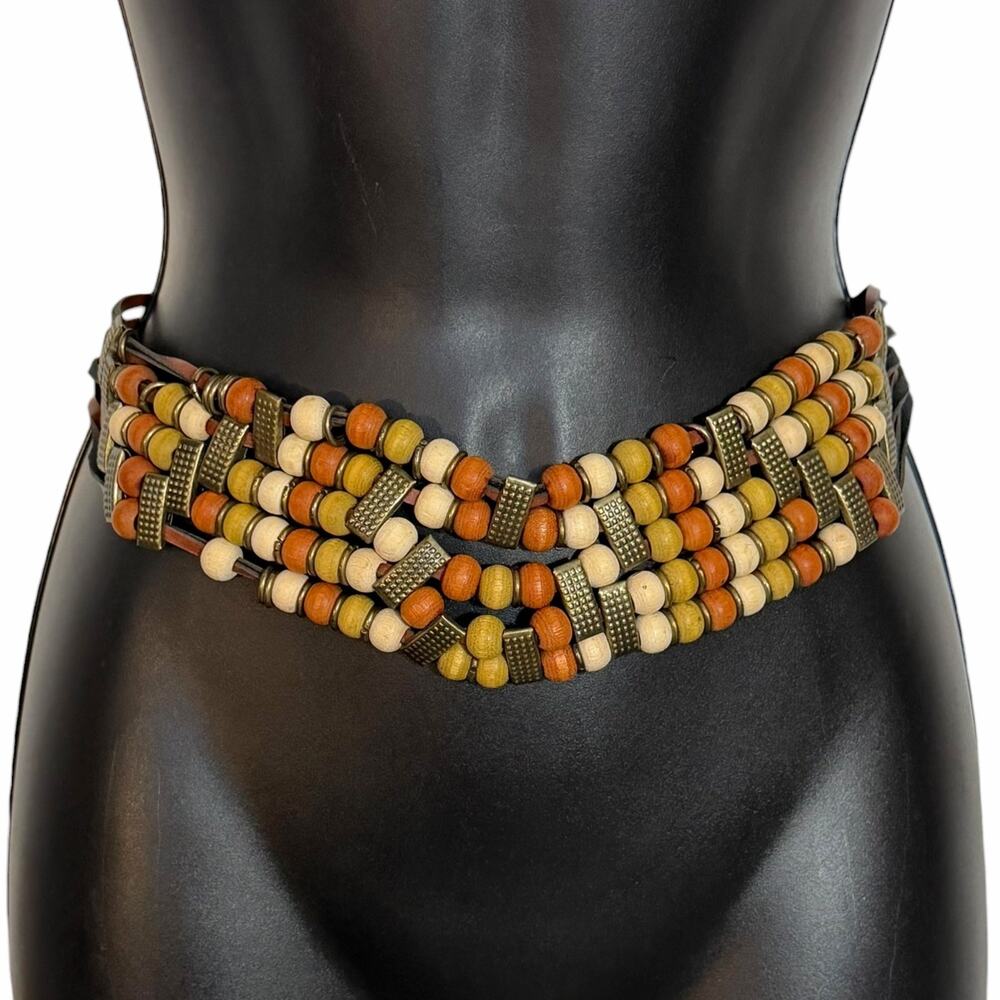 Vtg 80s 90s Boho Multi Strand Beaded Belt Earth Tone Chunky Stacked Adjustable